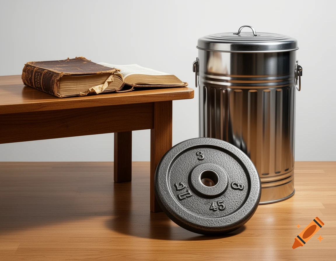 A still life image showing an old, open book on a wooden table, next to a silver garbage can and a gray 45-pound weight plate on a wooden floor.