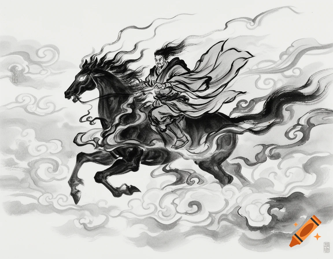 A black and white sumi-e drawing of a figure riding a mythical black horse with fiery mane and tail, soaring through clouds.