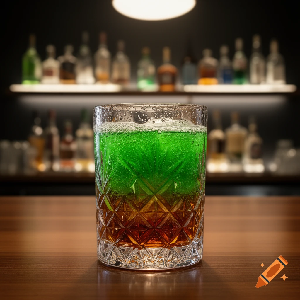 Photorealistic image of a layered green and brown drink in a textured glass on a wooden bar counter with blurred bottles in the background.