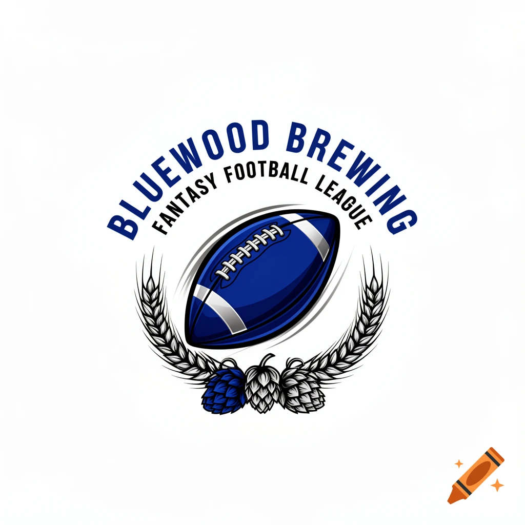A logo featuring a blue football encircled by wheat and hops, with the text 'BLUEWOOD BREWING FANTASY FOOTBALL LEAGUE'.