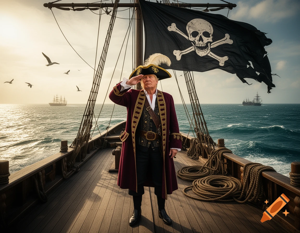 Donald Trump in pirate attire, saluting on a pirate ship with a skull and crossbones flag, on a calm sea.