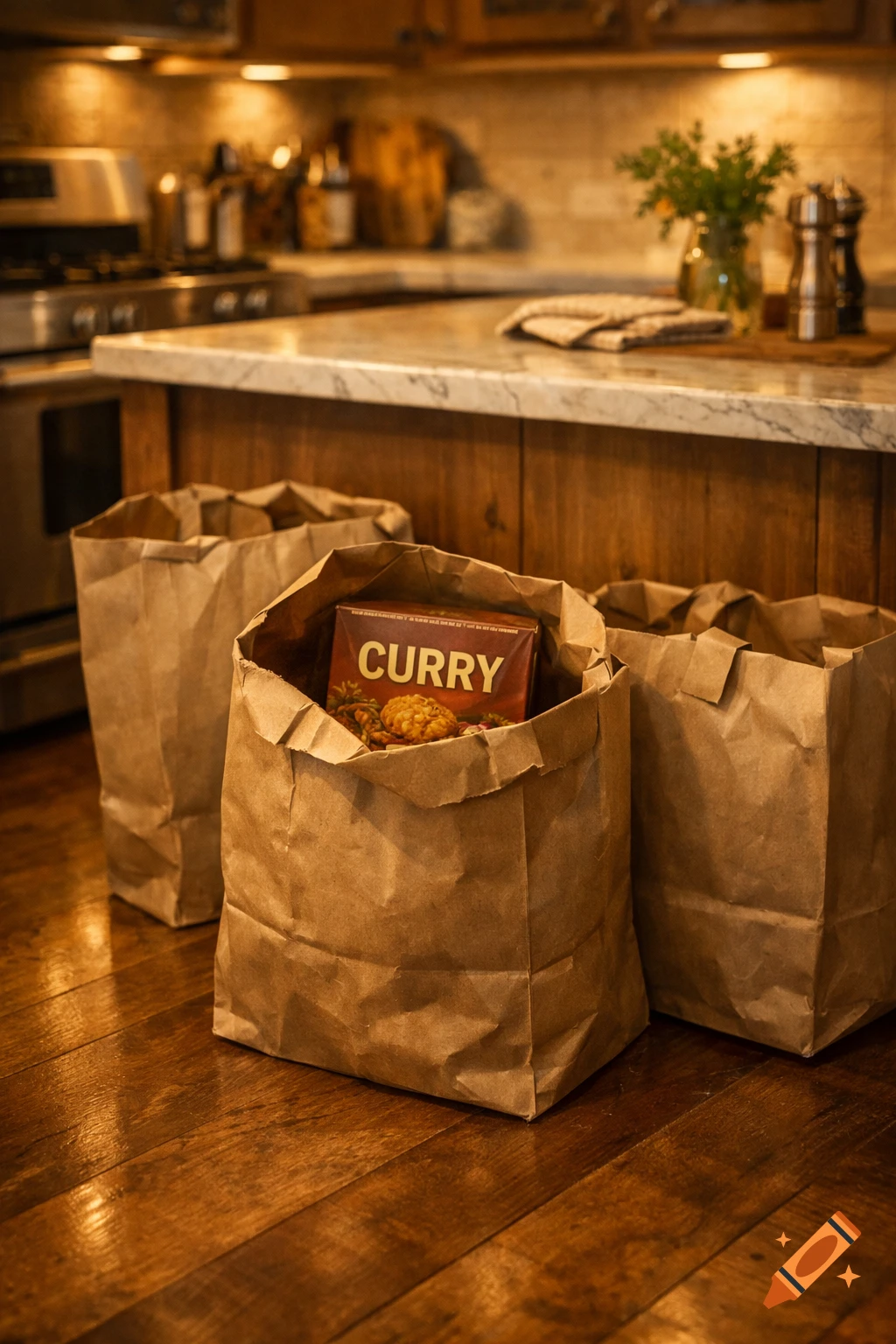 Three brown grocery bags on a wooden kitchen floor, one containing a curry box, with a kitchen island in the background under warm lighting.