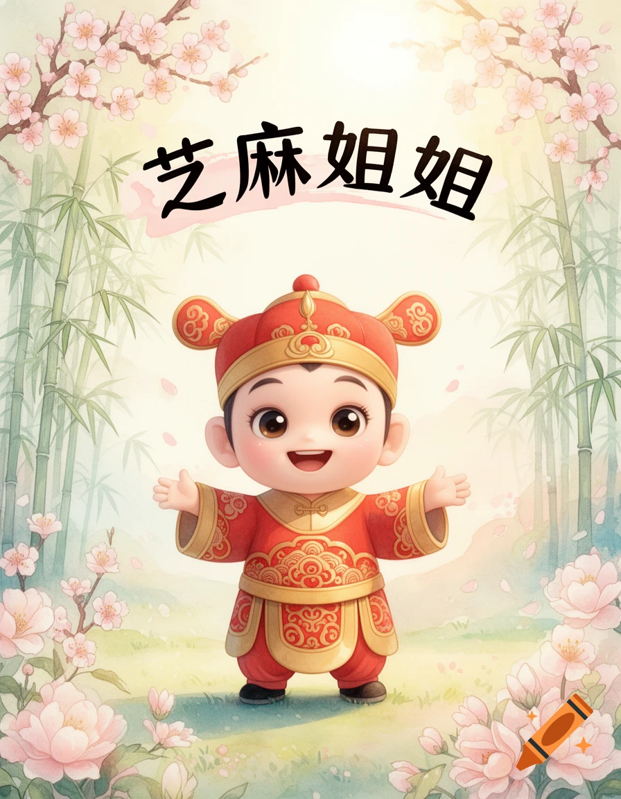 Cute cartoon child in red Chinese attire, smiling with open arms, surrounded by pink flowers and bamboo, with text '芝麻姐姐'.