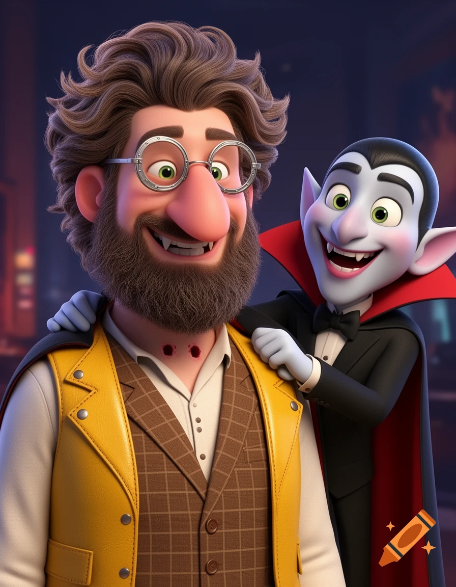 A smiling 3D animated man with a beard, glasses, and fangs has bite marks on his neck, with a grinning cartoon vampire.