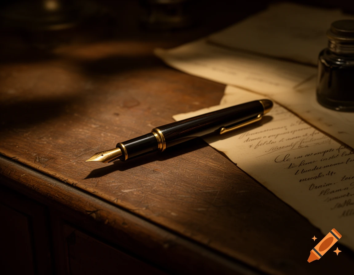 A dimly lit, photorealistic still life of a fountain pen, old paper with script, and an inkwell on a wooden desk.