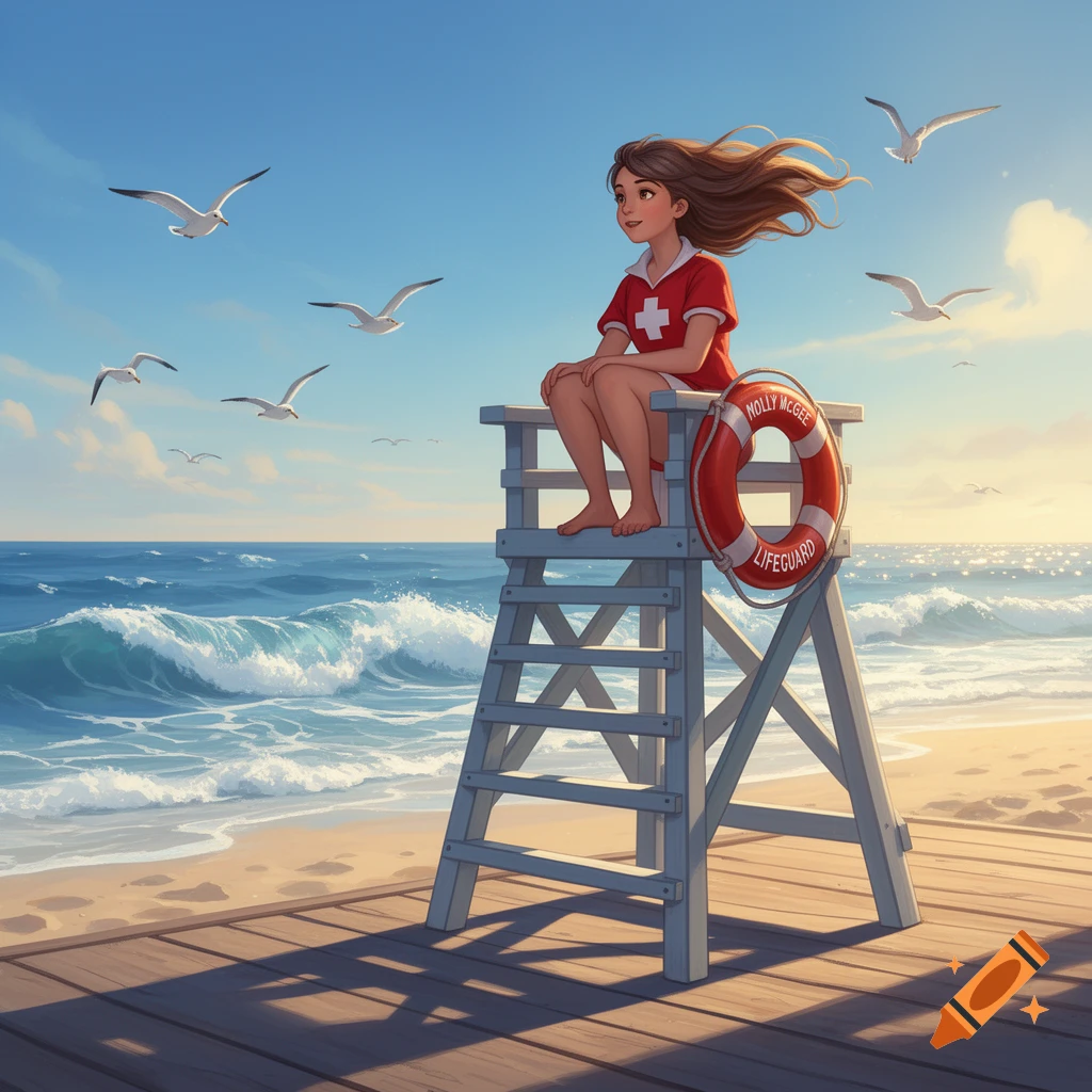 Cartoon girl in a red lifeguard uniform sits on a wooden lifeguard stand at a sunny beach with seagulls flying overhead.