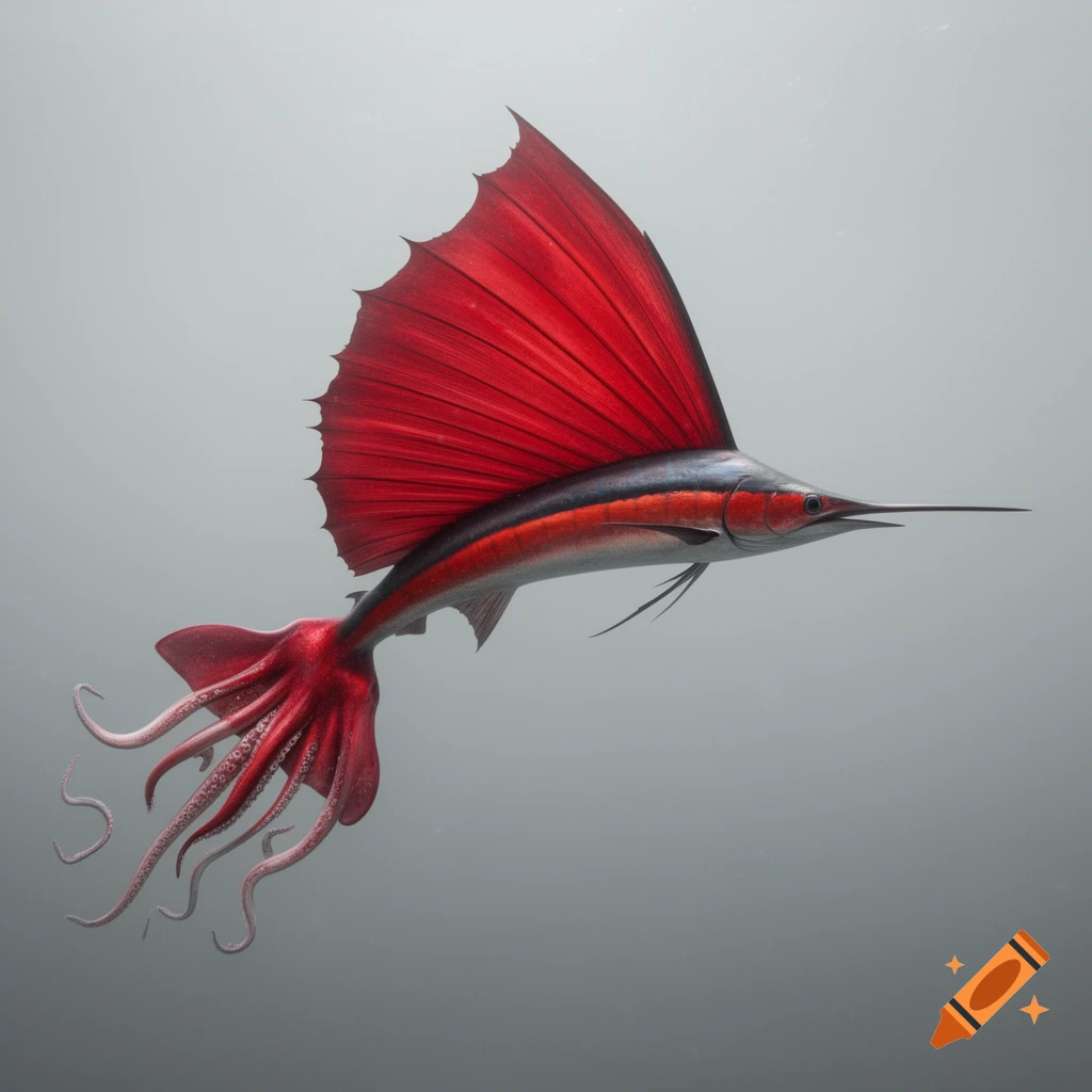 A red and silver sailfish-squid hybrid creature with a large red dorsal fin and red tentacles instead of a tail, swimming in a light gray underwater environment. Photorealistic style.
