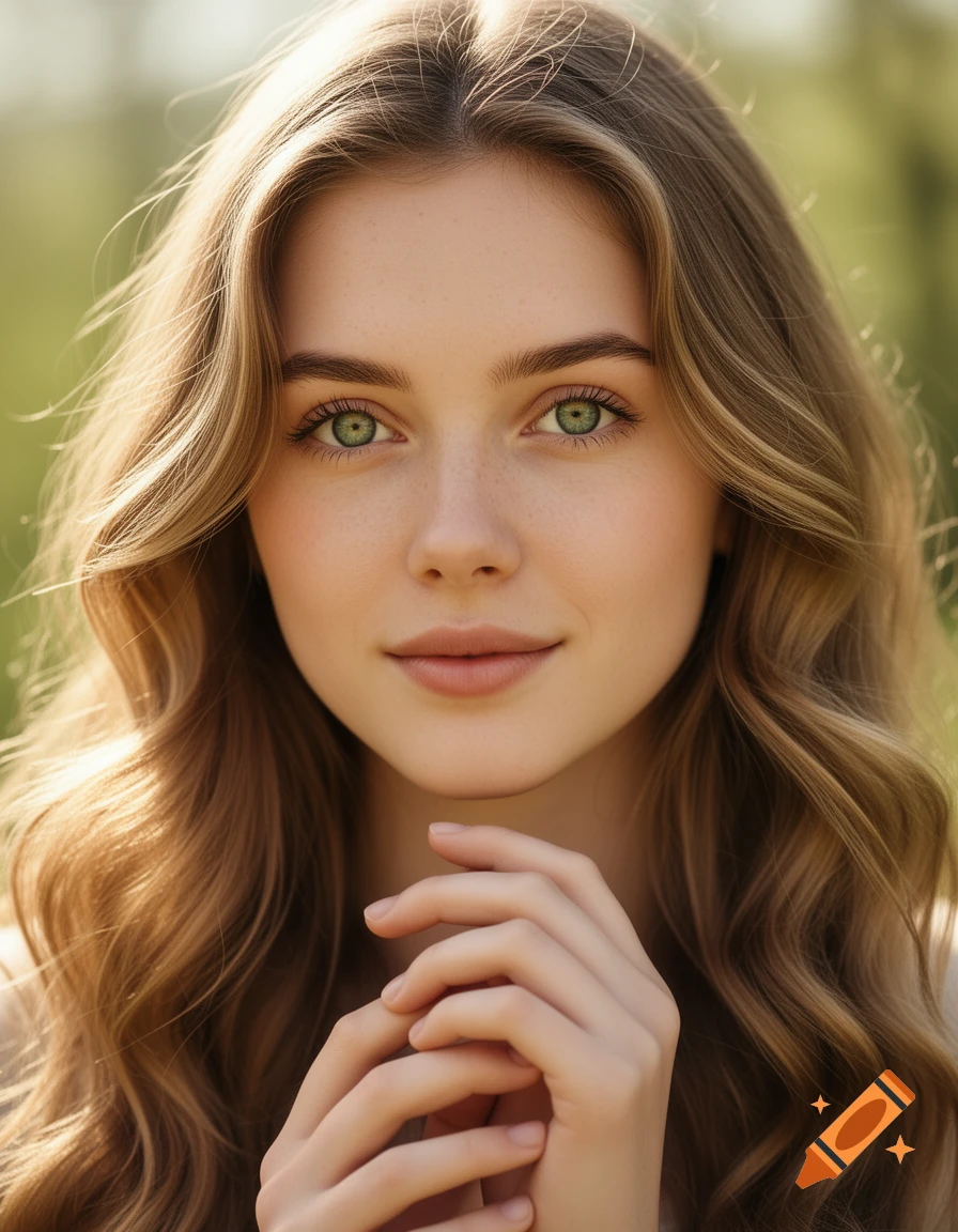 Close-up photorealistic portrait of a young woman with long wavy brown ...