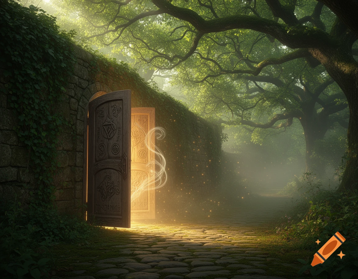 An open ornate wooden door glowing with magic light along a stone wall, leading to a mystical forest path with sunlight filtering through trees.