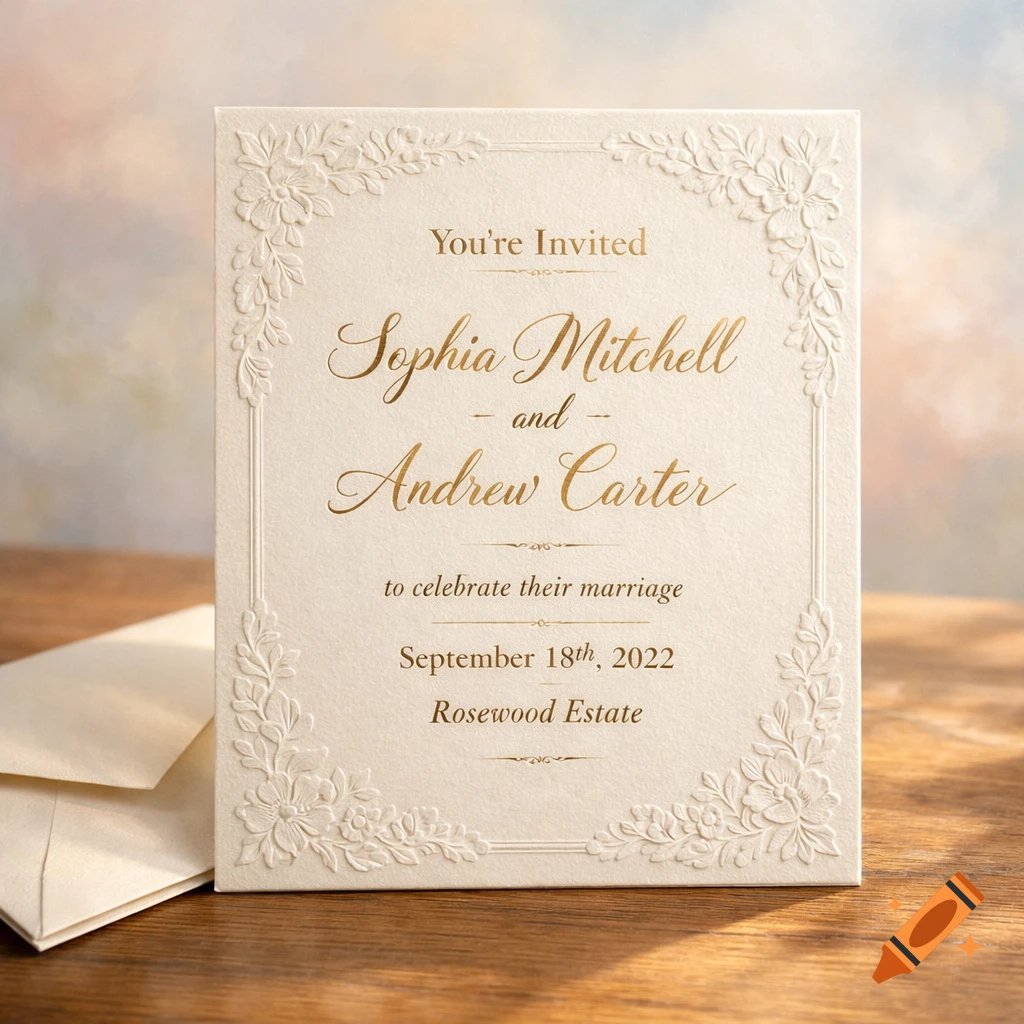 An elegant cream-colored wedding invitation with gold-foil text and embossed floral borders, sitting on a wooden surface next to an envelope.
