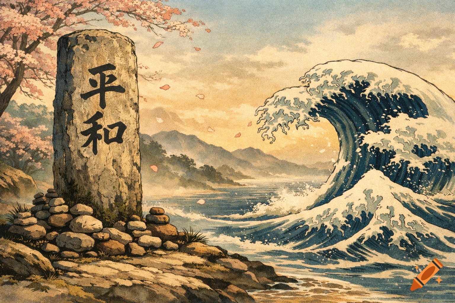 Japanese art style landscape with a stone pillar displaying 'peace' kanji, cherry blossoms, and a large wave on the ocean.