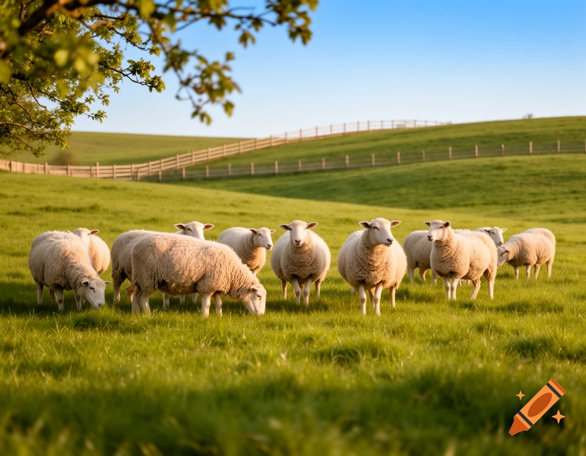 A flock of sheep in a lush green field under a clear blue sky, with rolling hills and a wooden fence, photorealistic.