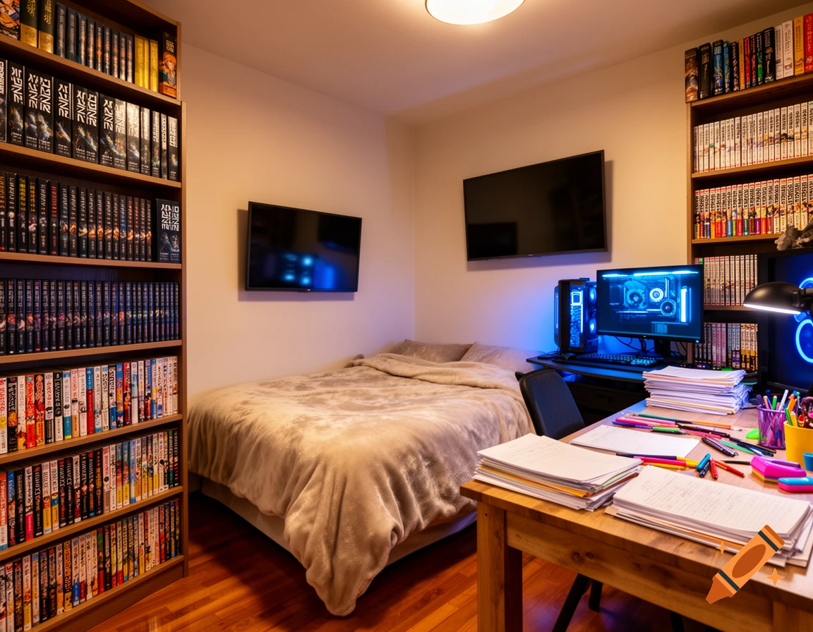 A brightly lit bedroom featuring a bed, two wall-mounted TVs, a glowing blue PC gaming setup, a wooden desk with papers, and two full bookshelves.
