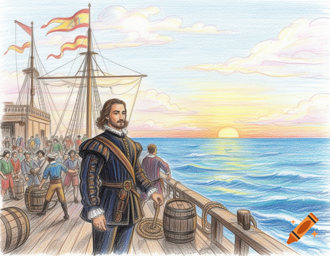 Crayon drawing of Fernão de Magalhães on a ship with Spanish flags, looking out over the ocean at sunset.