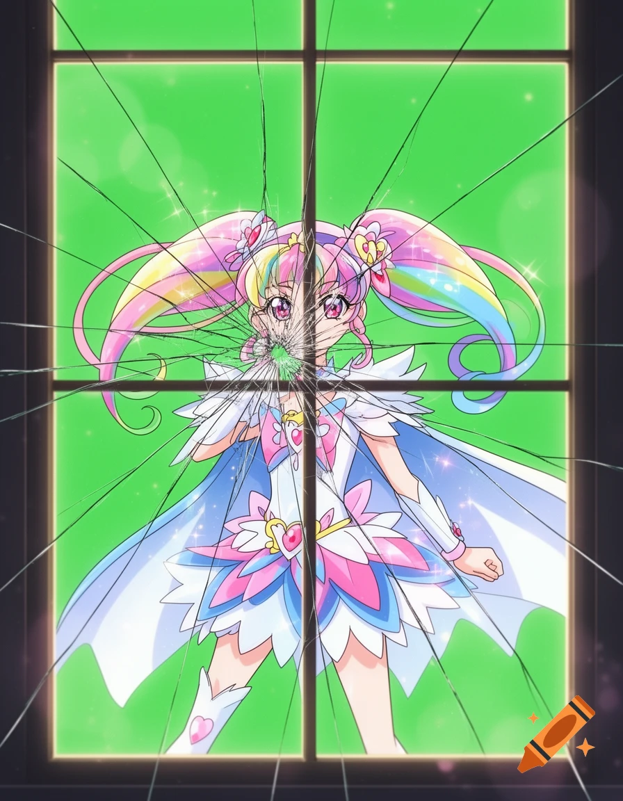 An anime magical girl with rainbow hair and a white-and-pink dress stands behind a window with a shattered glass effect over her face, against a green screen background.