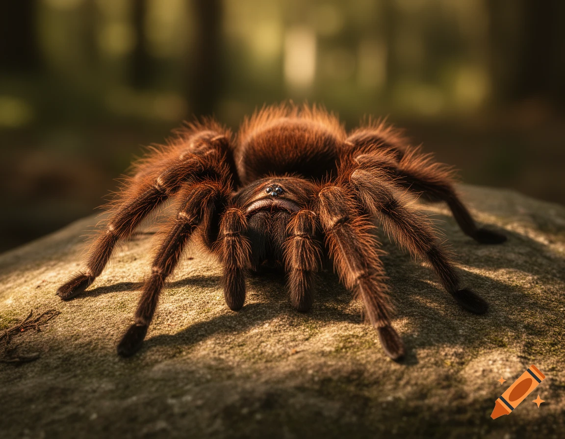 A close-up, low-angle shot of a furry brown tarantula perched on a textured rock, with a blurred forest background.
