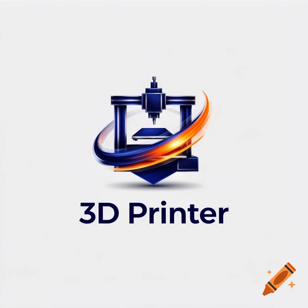 A sleek blue and orange 3D printer logo with the text '3D Printer' below it on a white background.