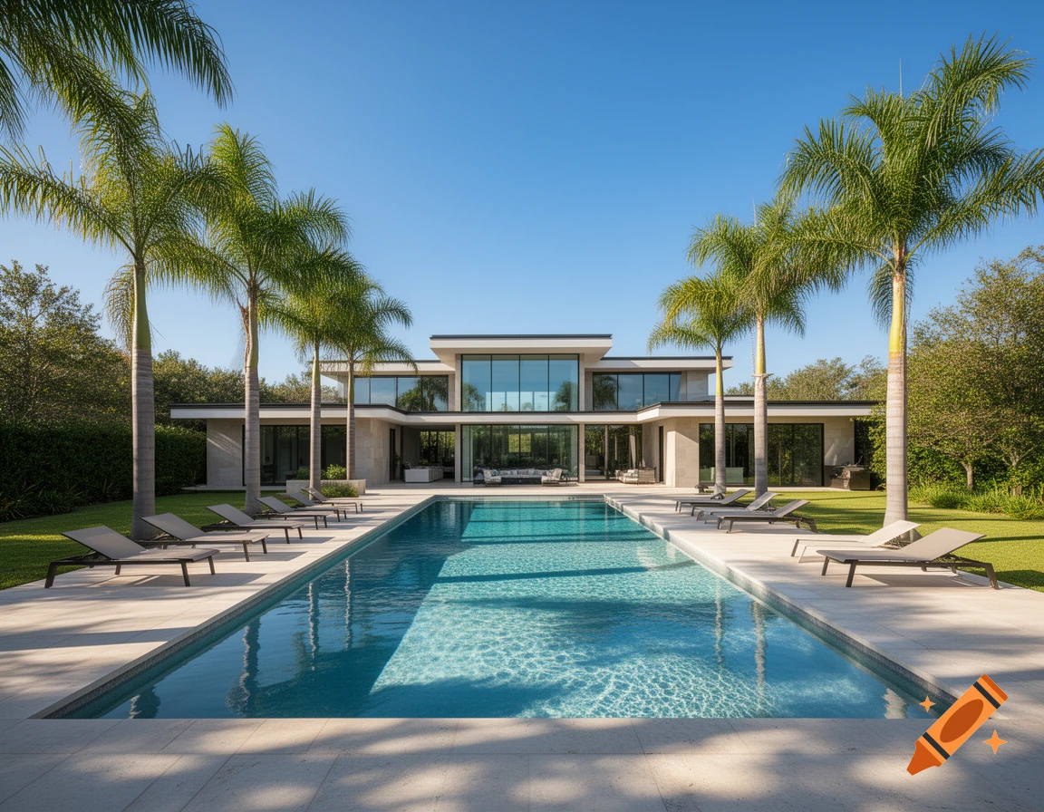 A luxurious modern house with a large swimming pool, surrounded by palm trees and green grass under a clear blue sky.
