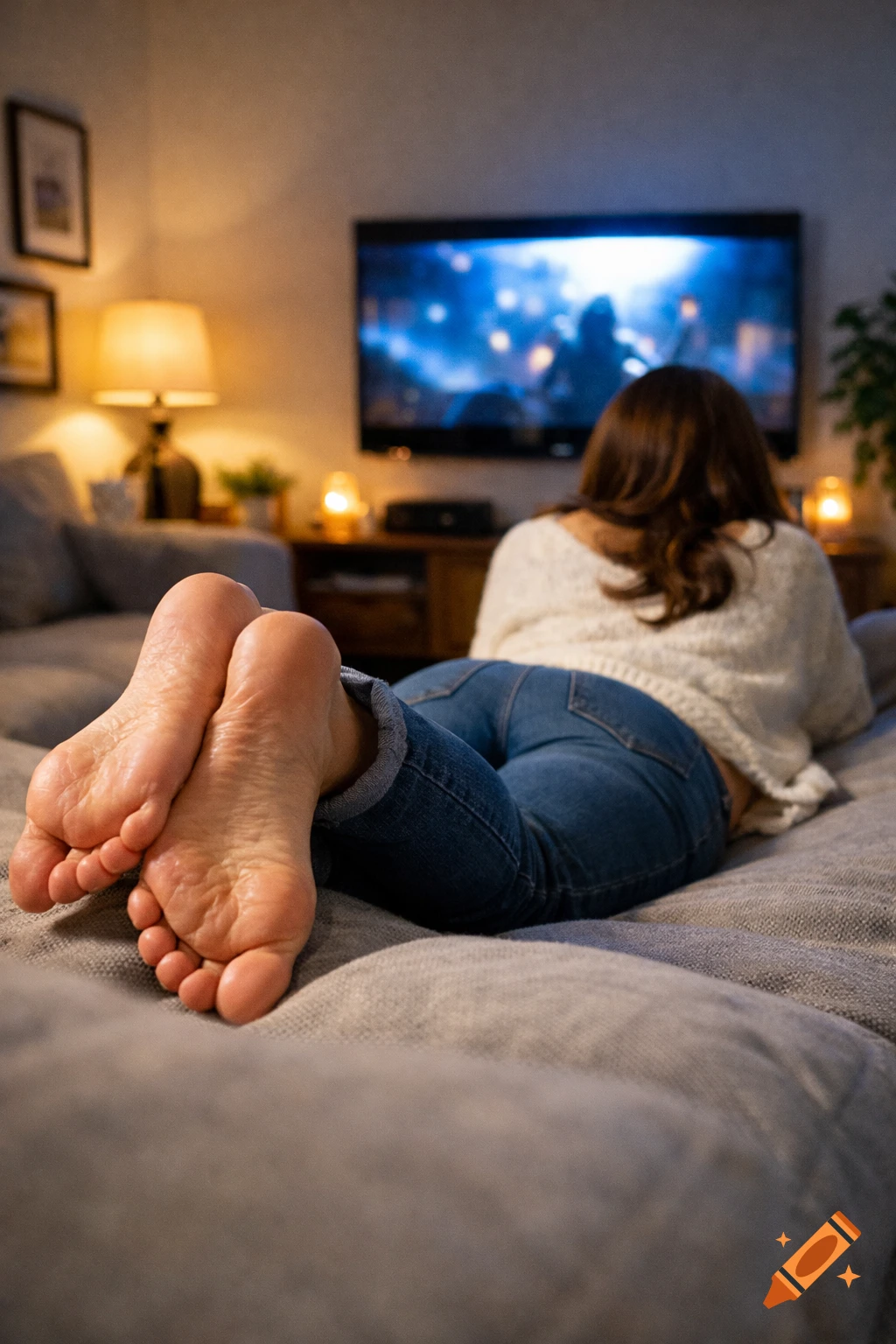 Woman lying on a couch with feet crossed in foreground, watching TV in a dimly lit, cozy living room.