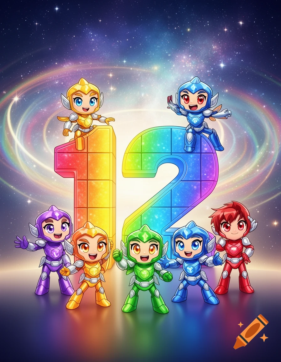 A group of colorful, cute anime-style characters in various poses stand around large, rainbow-colored numbers "1" and "2" against a starry, galactic background.