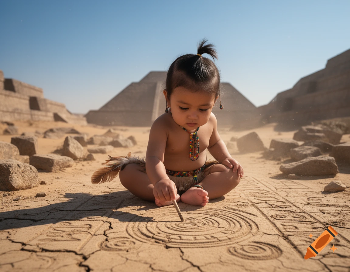 A baby with a ponytail and beaded necklace sits in a desert, drawing in sand near ancient pyramids.