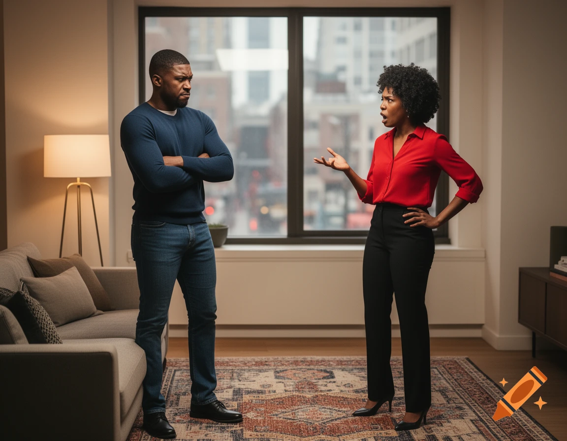 A Black man with crossed arms looks away from a Black woman gesturing angrily in a modern living room.