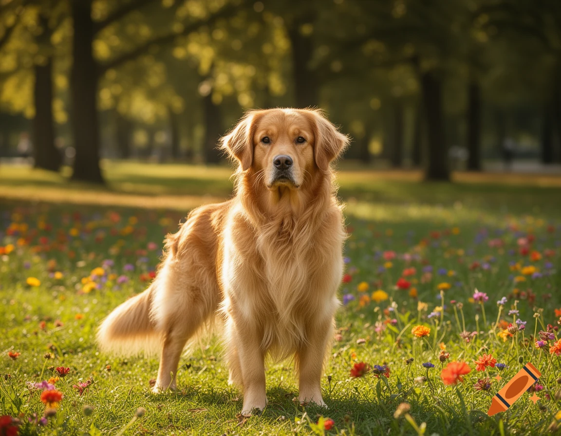 A photorealistic Golden Retriever stands in a vibrant field of colorful ...