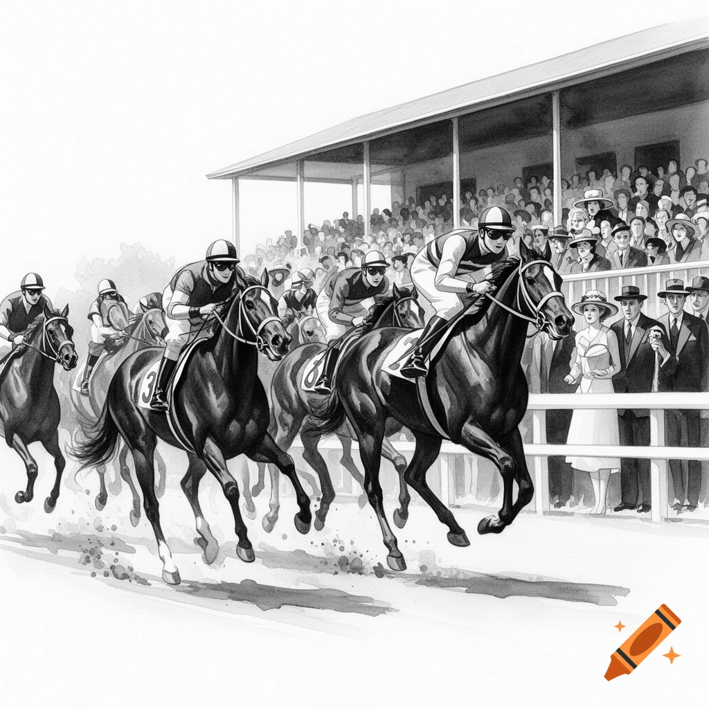 Black and white watercolor illustration of a horse race with jockeys on horses and spectators in a grandstand.