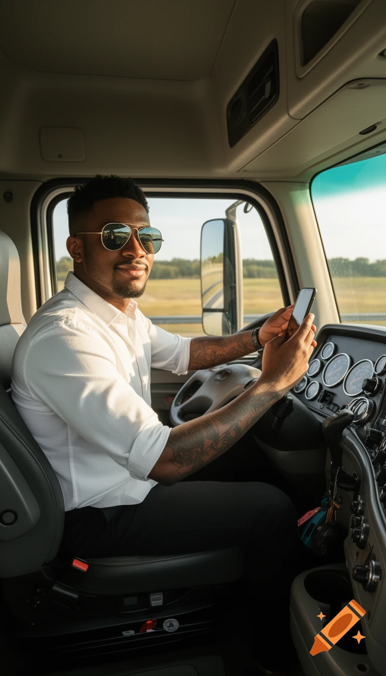 Photorealistic image of a smiling Black man in sunglasses driving a semi-truck, holding a phone.