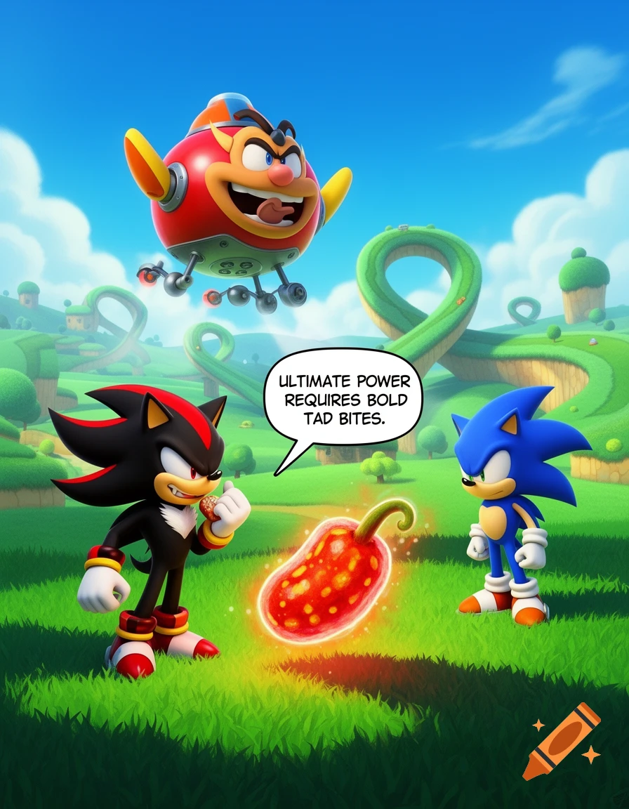 Shadow the Hedgehog eats a glowing chili as Sonic and an Eggman-like flying machine watch in the Green Hill Zone. Text reads "ULTIMATE POWER REQUIRES BOLD TAD BITES."