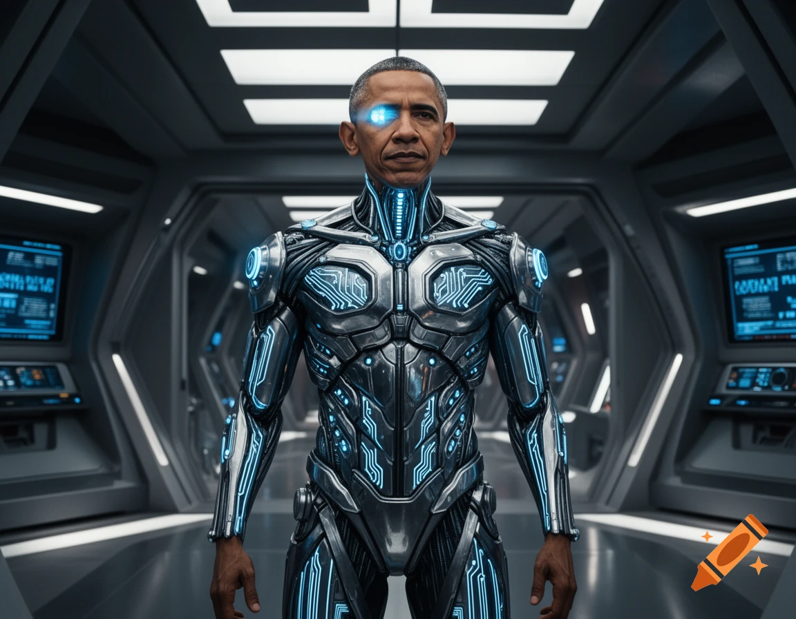 Photorealistic image of Barack Obama as a Borg from Star Trek, standing in a futuristic spaceship corridor with blue glowing circuitry on his metallic suit and a glowing blue eye.