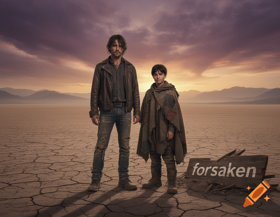 A man and a boy stand in a cracked desert under a dramatic sky, a sign reading 'forsaken' near them.