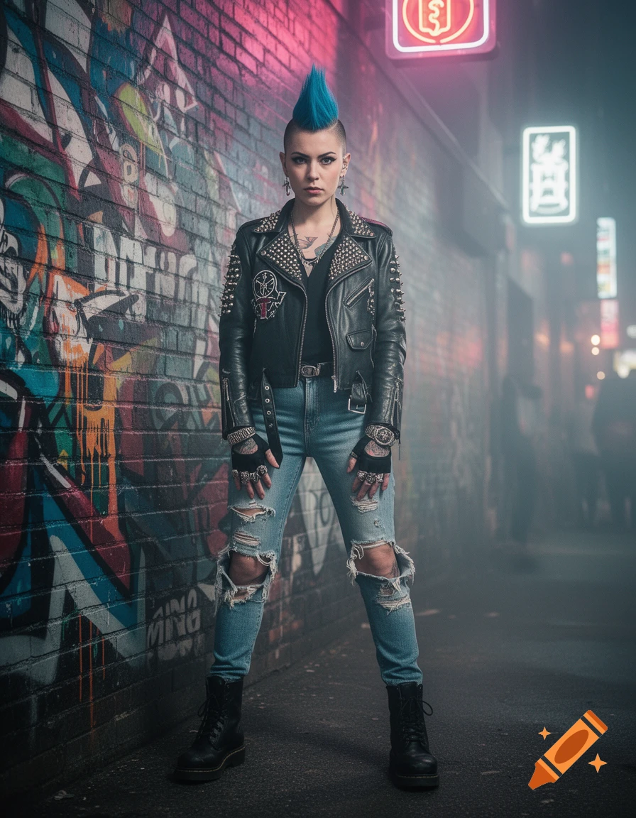 A punk girl with a blue mohawk and studded leather jacket stands in an ...