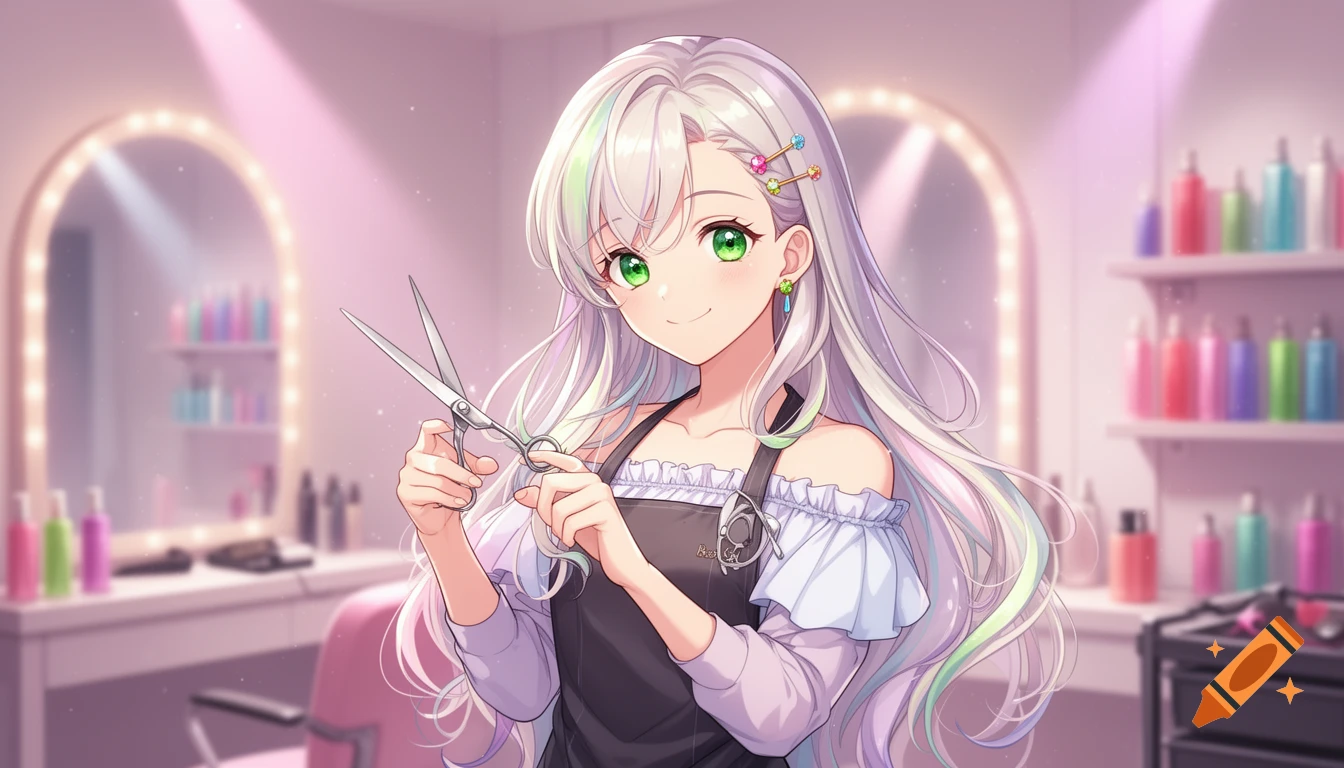 An anime girl with long, flowing white and pastel hair and green eyes smiles while holding scissors in a brightly lit hair salon.