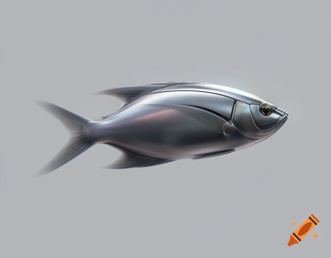 A sleek, futuristic metallic fish-shaped spacecraft with sharp fins on a light grey background.