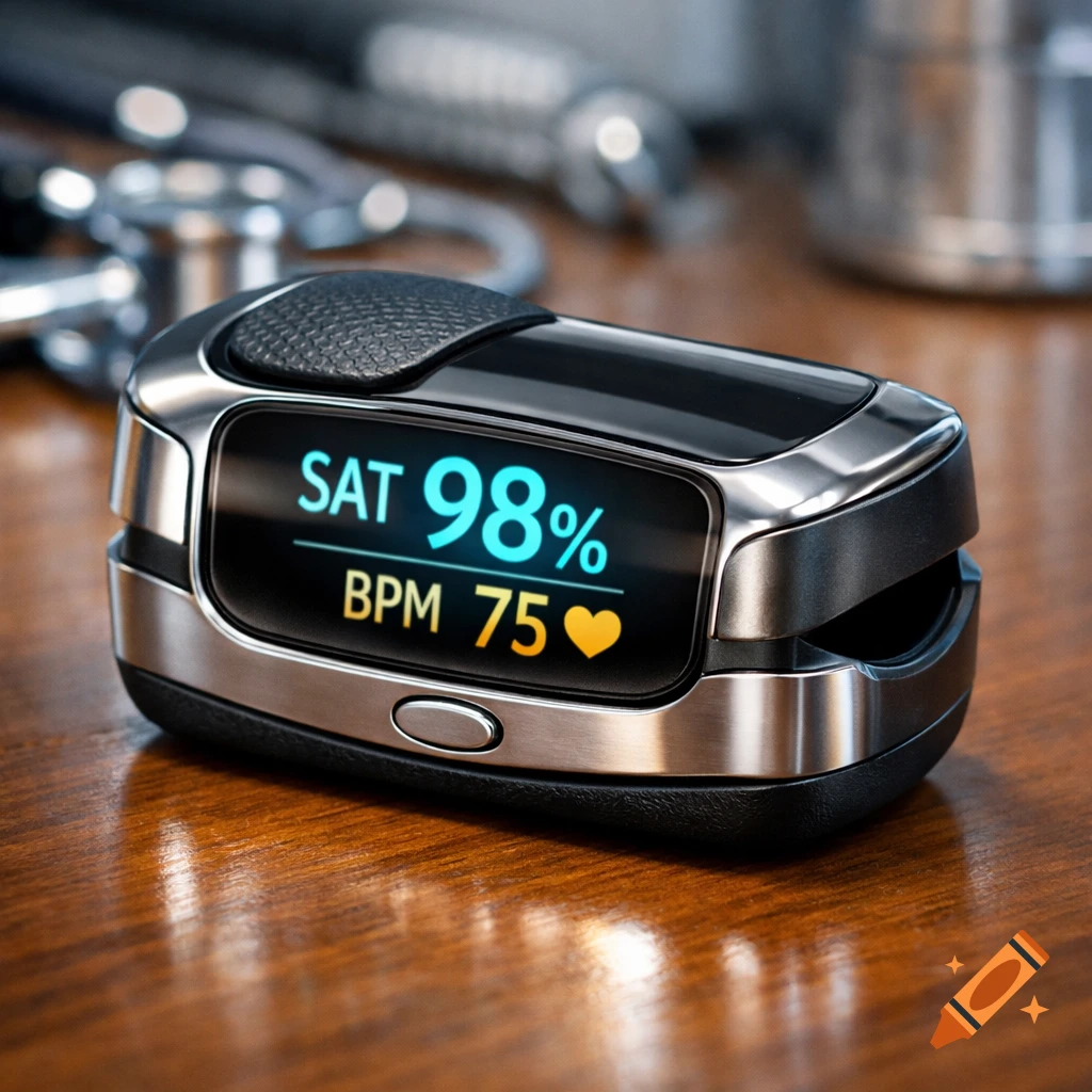 Photorealistic close-up of a pulse oximeter displaying SAT 98% and BPM 75 on a wooden table.