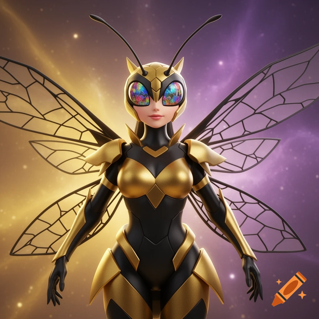 A rendered 3D art image of a female bee queen in a gold and black armored suit with large insect wings and kaleidoscopic eyes.