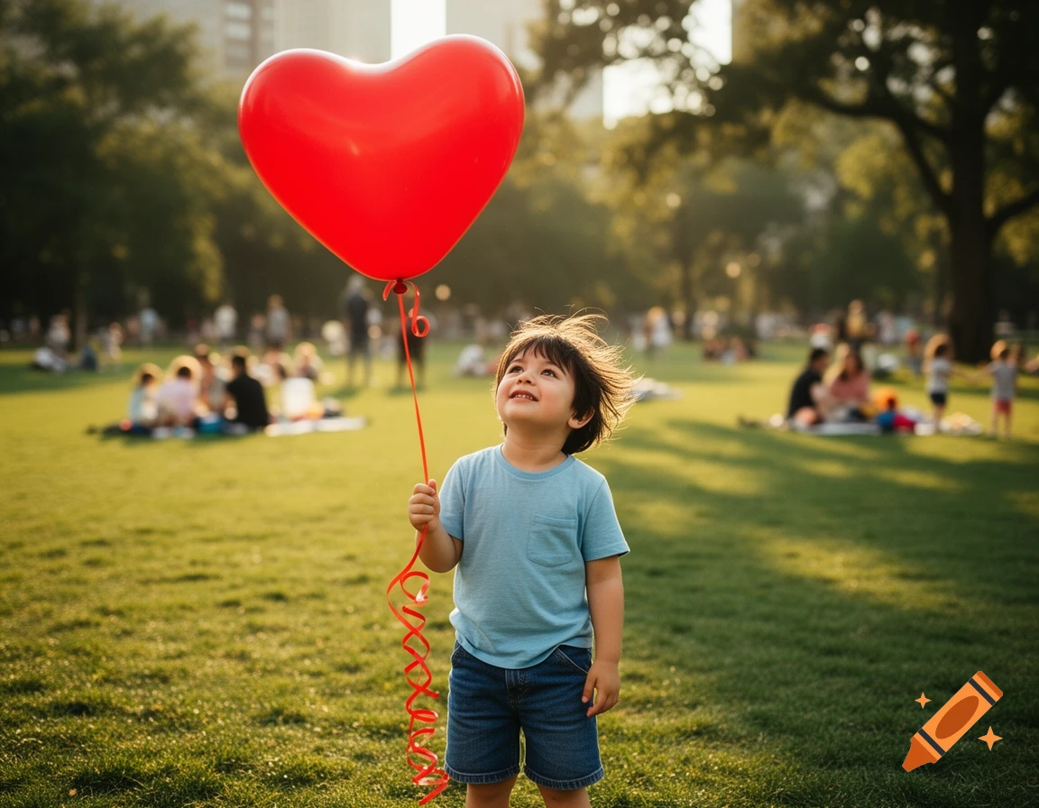A happy young boy holds a large red heart balloon in a sunny park with people in the background.