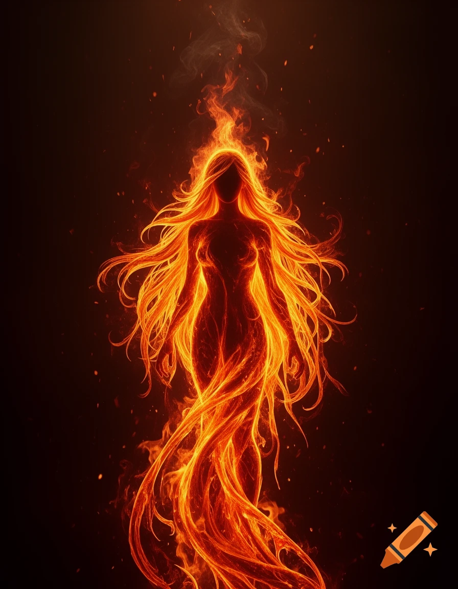 A fiery silhouette of a woman with long flowing hair, glowing intensely orange and red against a dark background, with embers rising.