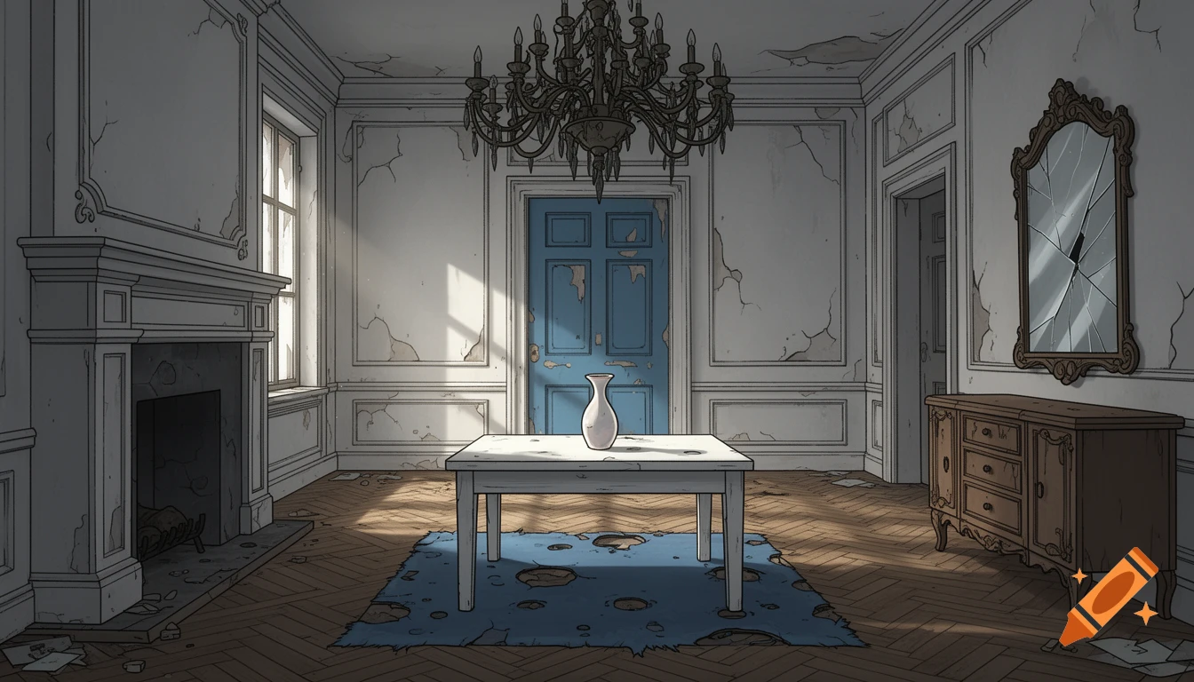 Cartoon illustration of a decaying, abandoned mansion entryway with cracked walls, a broken mirror, and a chandelier.