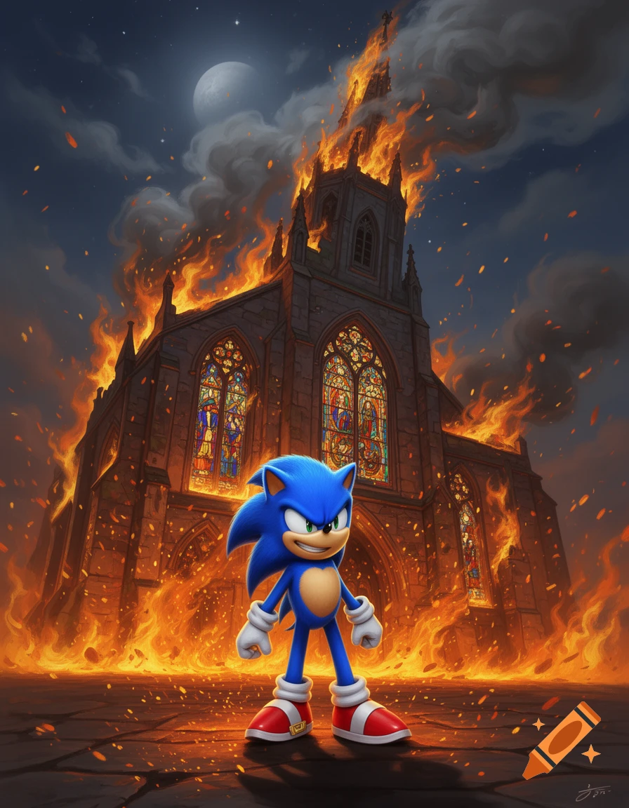 Sonic the Hedgehog stands smiling in front of a large gothic church engulfed in flames under a crescent moon.
