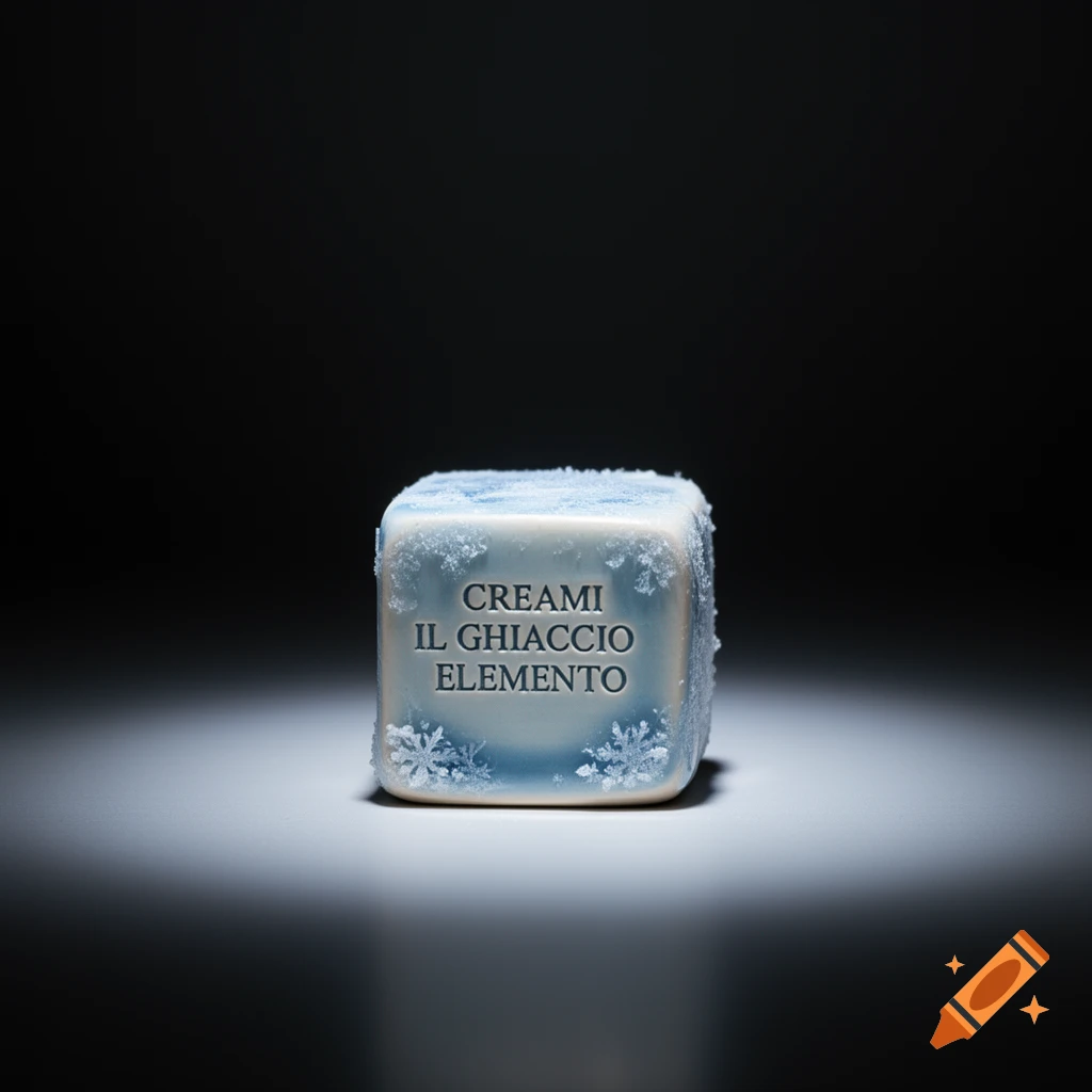 A photorealistic ice cube with the words "CREAMI IL GHIACCIO ELEMENTO" etched into it, glowing under a spotlight on a dark background.