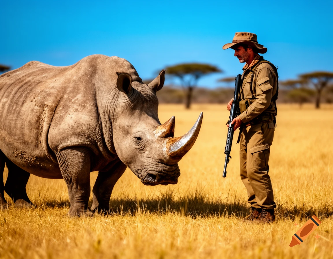 A photorealistic image of a large rhino and a man with a rifle standing face to face in a golden grassland under a blue sky.