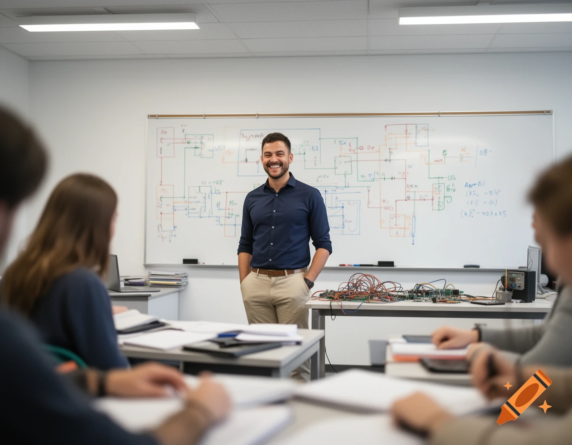 A smiling male electrical instructor stands in front of a whiteboard with diagrams, observing students in a classroom.