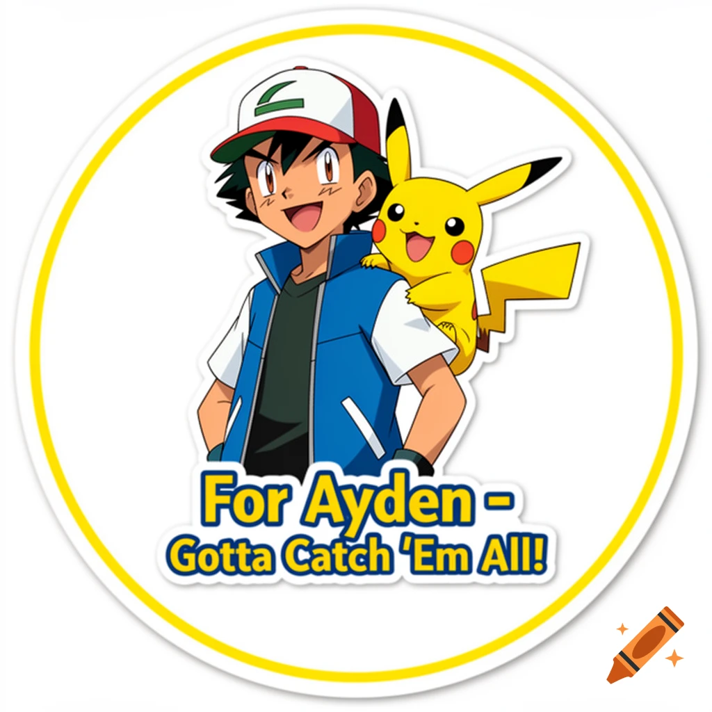 A circular sticker featuring Ash Ketchum with Pikachu on his shoulder, with the text 'For Ayden - Gotta Catch 'Em All!'.