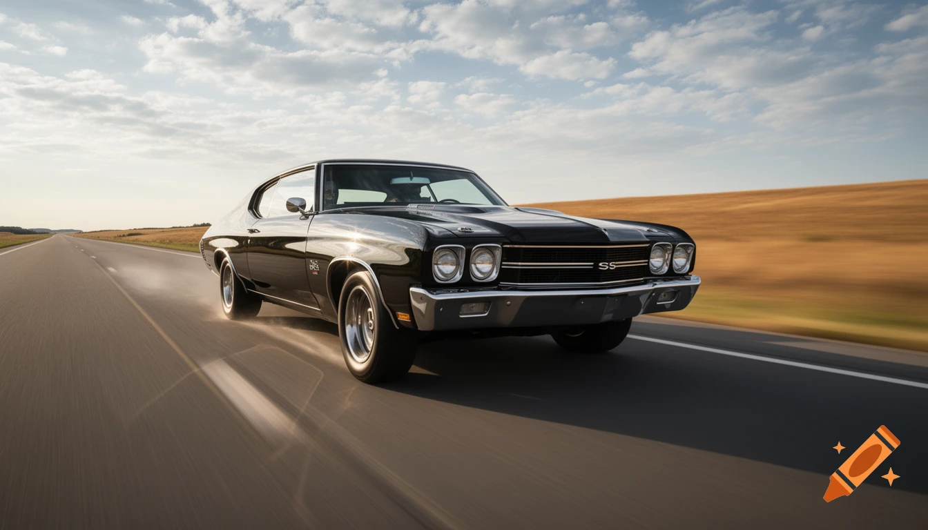 A black 1970s Chevrolet Chevelle SS muscle car speeding down a rural highway at sunset. Photorealistic.