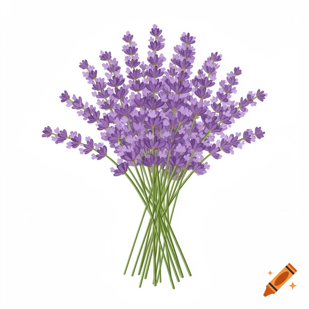 A stylized bouquet of purple lavender flowers with green stems against a white background.