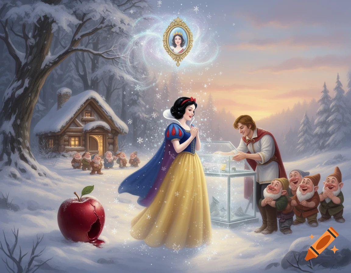 Snow White awakens from a glass coffin held by the Prince, surrounded by the Seven Dwarfs and a snowy cottage, under a magic mirror.