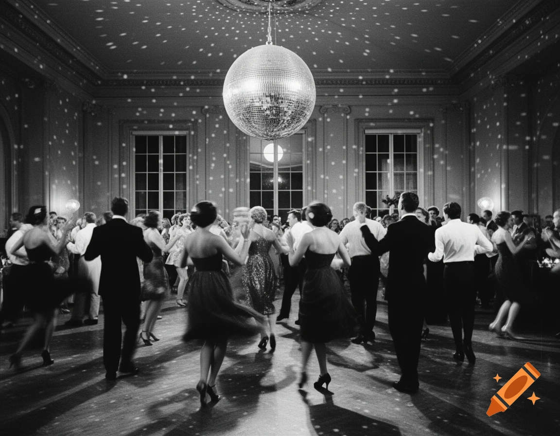 A lively black and white party scene with a large disco ball illuminating dancers on the floor, many seen from behind.