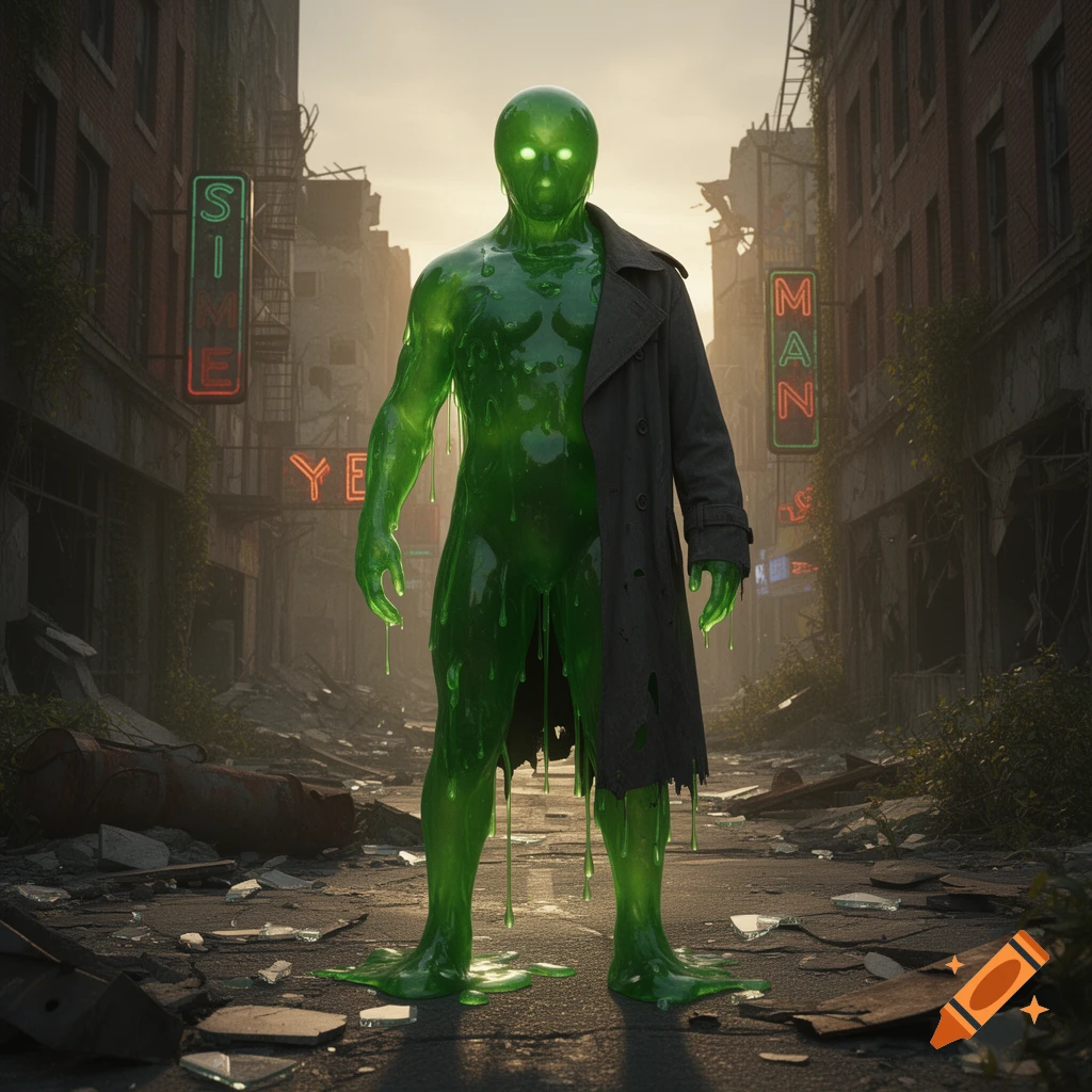 A photorealistic green slime creature with glowing eyes, wearing a trench coat, stands in a ruined city street with neon signs.